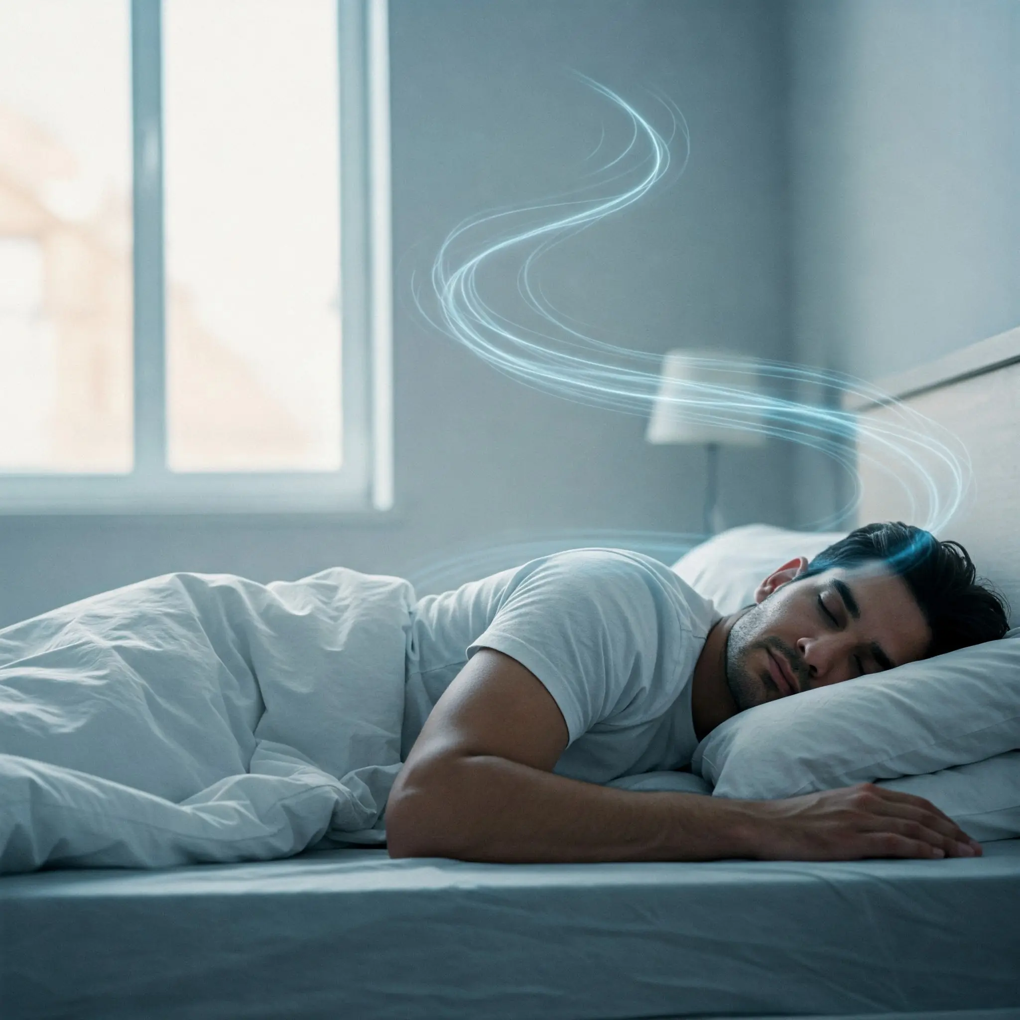 Person resting in bed while practicing calm breathing for sleep