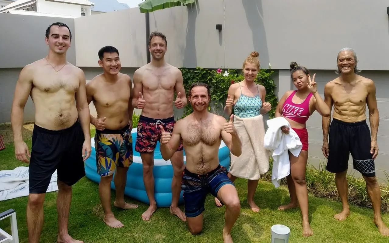Zen Strength ice bath group smiling after a guided cold exposure session in Chiang Mai